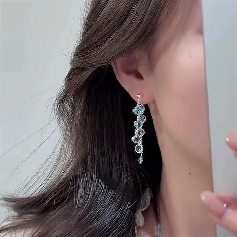Fresh Light Blue Purple Sparkling Diamond Tassel Earrings Luxurious and Niche Delicate White Earrings Korean Style Cool Earrings
