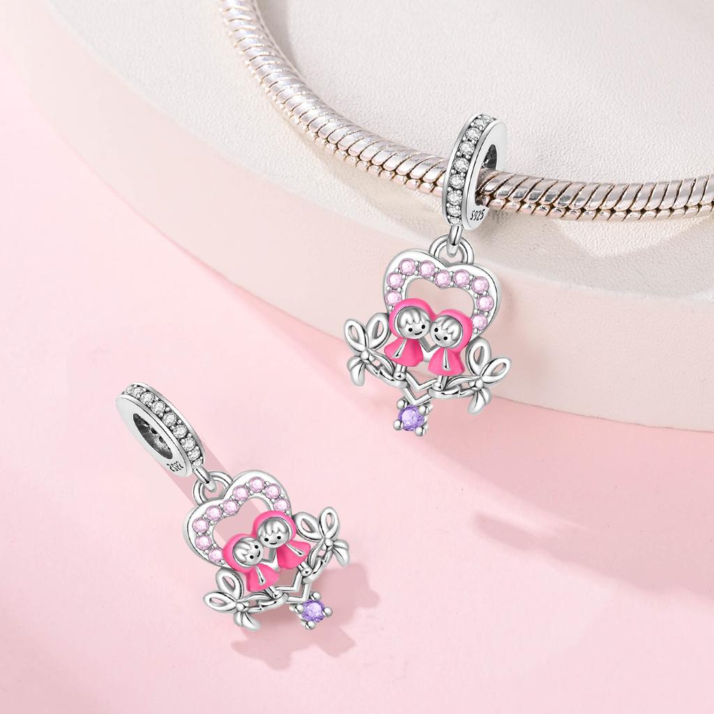 Charms Original Copper Pink Sister'S Heart Pendant Beads Fit Bracelet Diy Fine Gift Women Delicate Jewelry Accessor