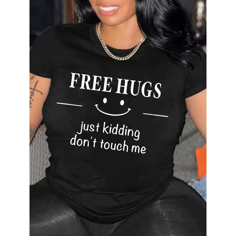 

Европейский размер Женский большой размер Футболка с принтом FREE HUGS Повседневный топ с коротким рукавом и круглым вырезом Весенне-летняя одежда S чёрный