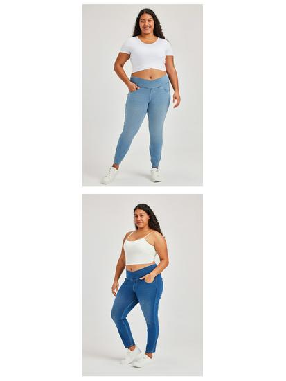 Cross-Waist Plus Size Skinny Jeans with Butt-Lifting Pockets & Monkey Wash