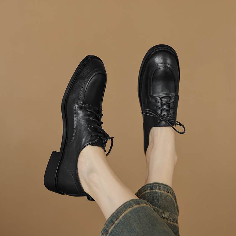 Krazing Pot Cow Skin Autumn Winter Brogues Shoes Lace Up Low Heels Size 42 Round Toe Oxford Shoes Deep Mouth Pumps