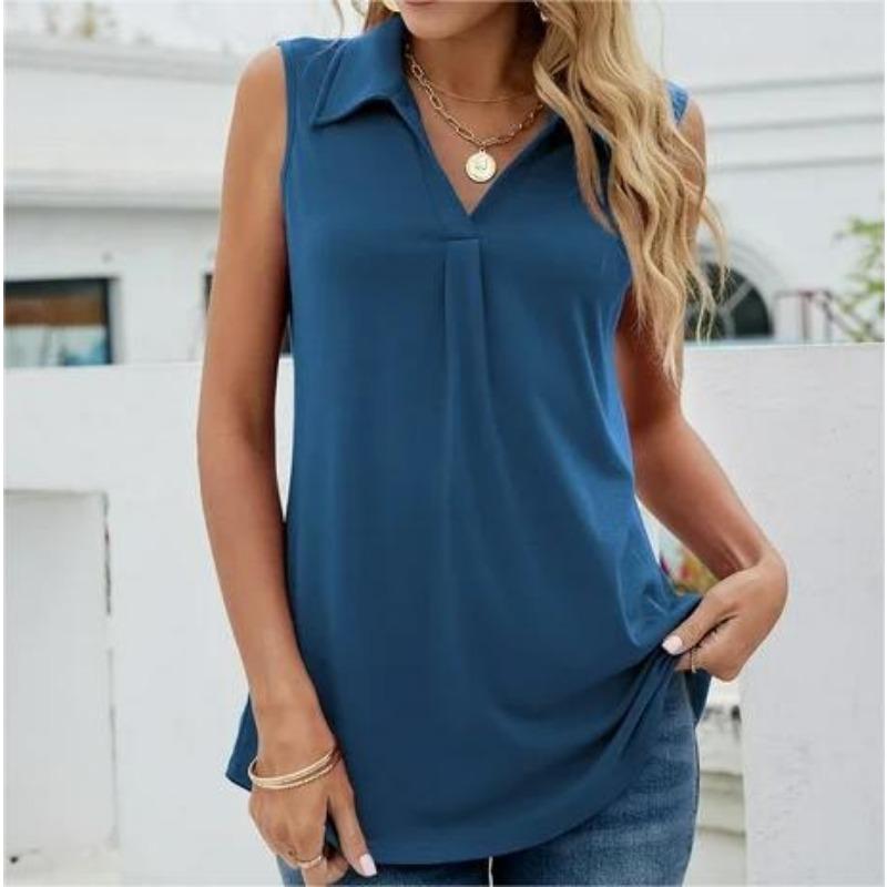 

YYFS Женская мода Повседневная Летняя Весна Однотонный Принт Без Рукавов Воротник ПОЛО Блузки и Рубашки L темно-синий