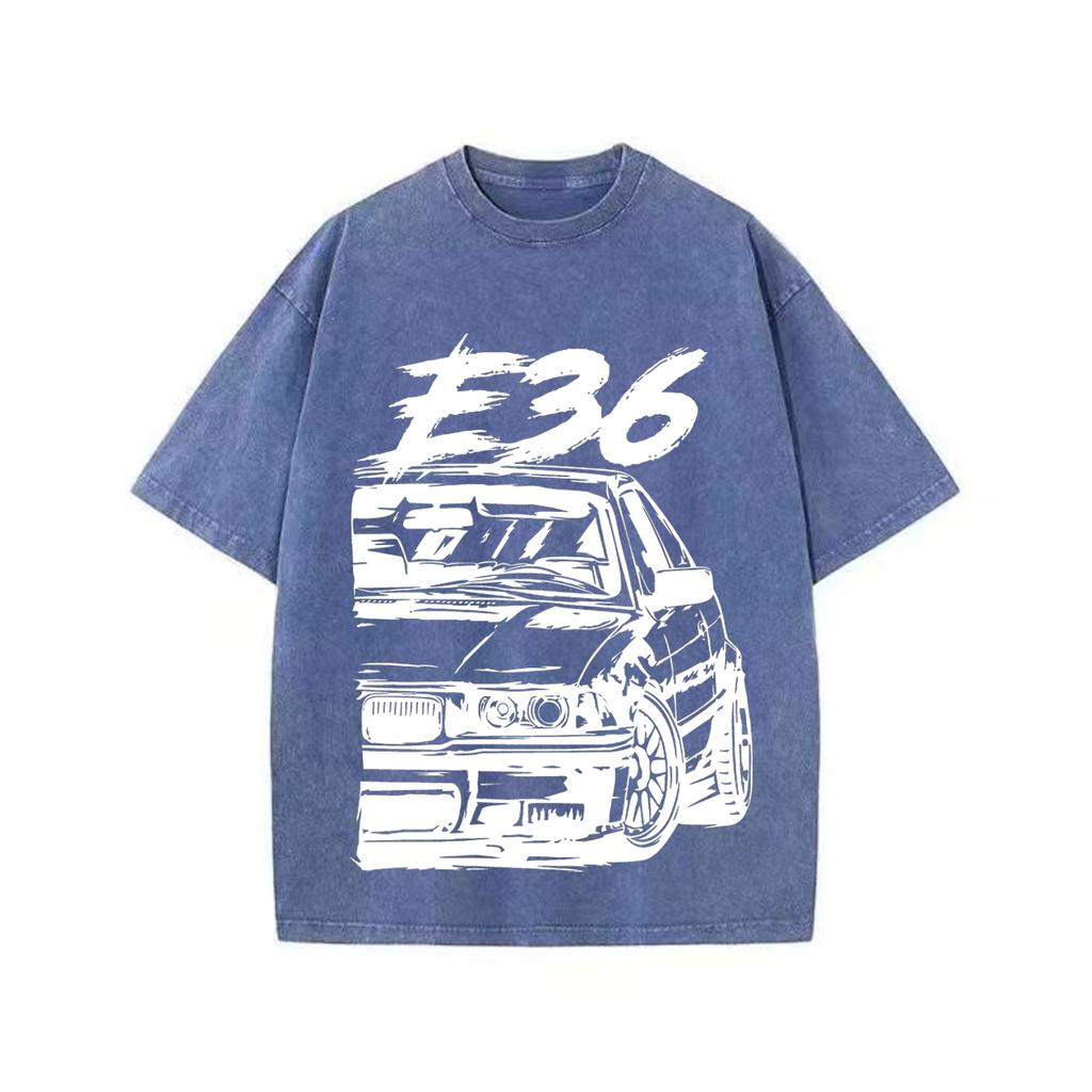 Retro Washed Vintage T-Shirt High Quality T Shirts E36 T-Shirt Summer Oversized Short Sleeve Clothes Cotton Loose Street Tops
