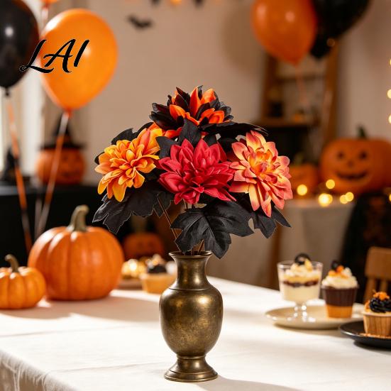 Fake Maple Leaf Decor Halloween Artificial Flower Fall Faux Sunflower Rose Bouquet with Black Maintenance Free Flowers Leaves Autumn Floral