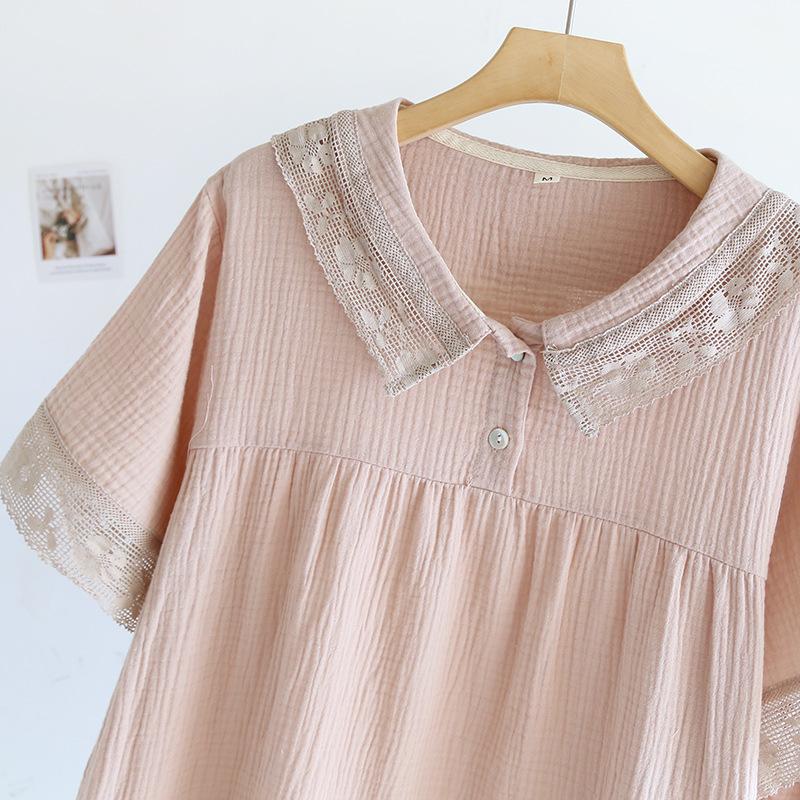 New Japanese Women's Summer Pajamas Set 100% Cotton Crepe Short Sleeve Shorts Two Piece Lace Neck Home Suit Set