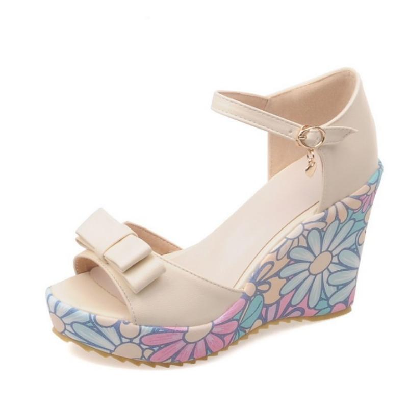 Plus size 34-43 Bowknot Women Summer Open Toe Wedges Sandals Print Platform Women Sandals Pink Blue High Heels Sandalias WSH3923