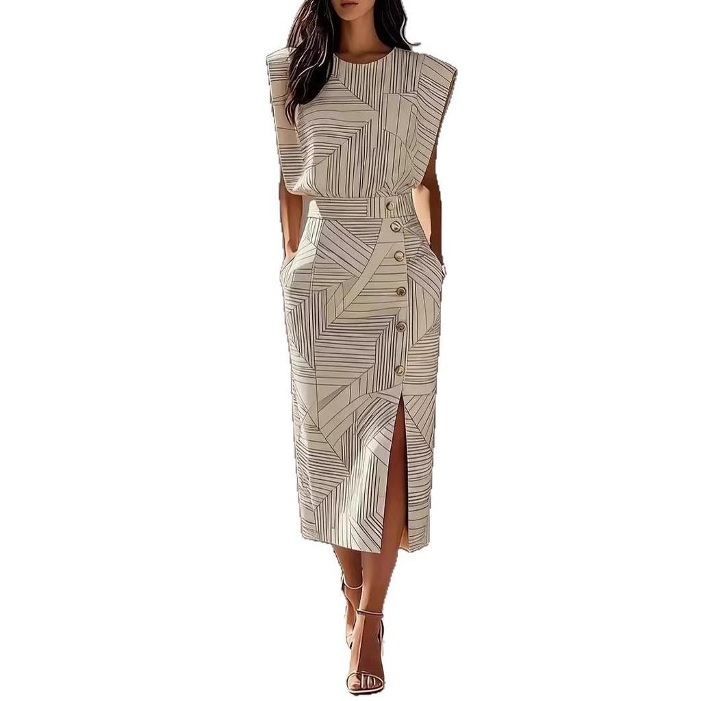 2026 Summer Fashion: Women's Printed Sleeveless Top & Slit Skirt Set