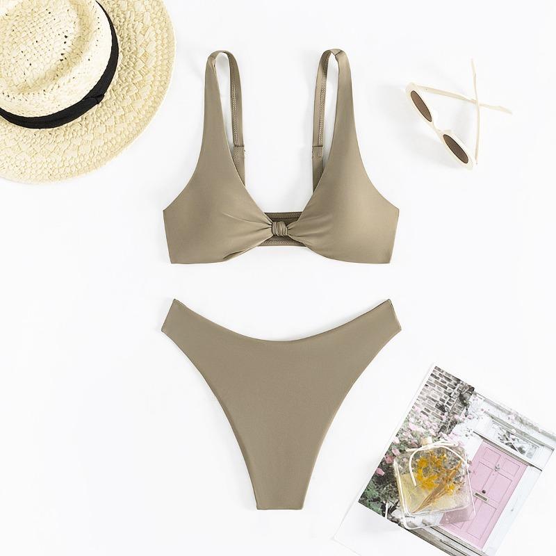 Damen Unifarbenes Knallpinkes Zweiteiliges Bikini-Set - Verdrehter Front-V-Ausschnitt Hohe Taille Badeanzug