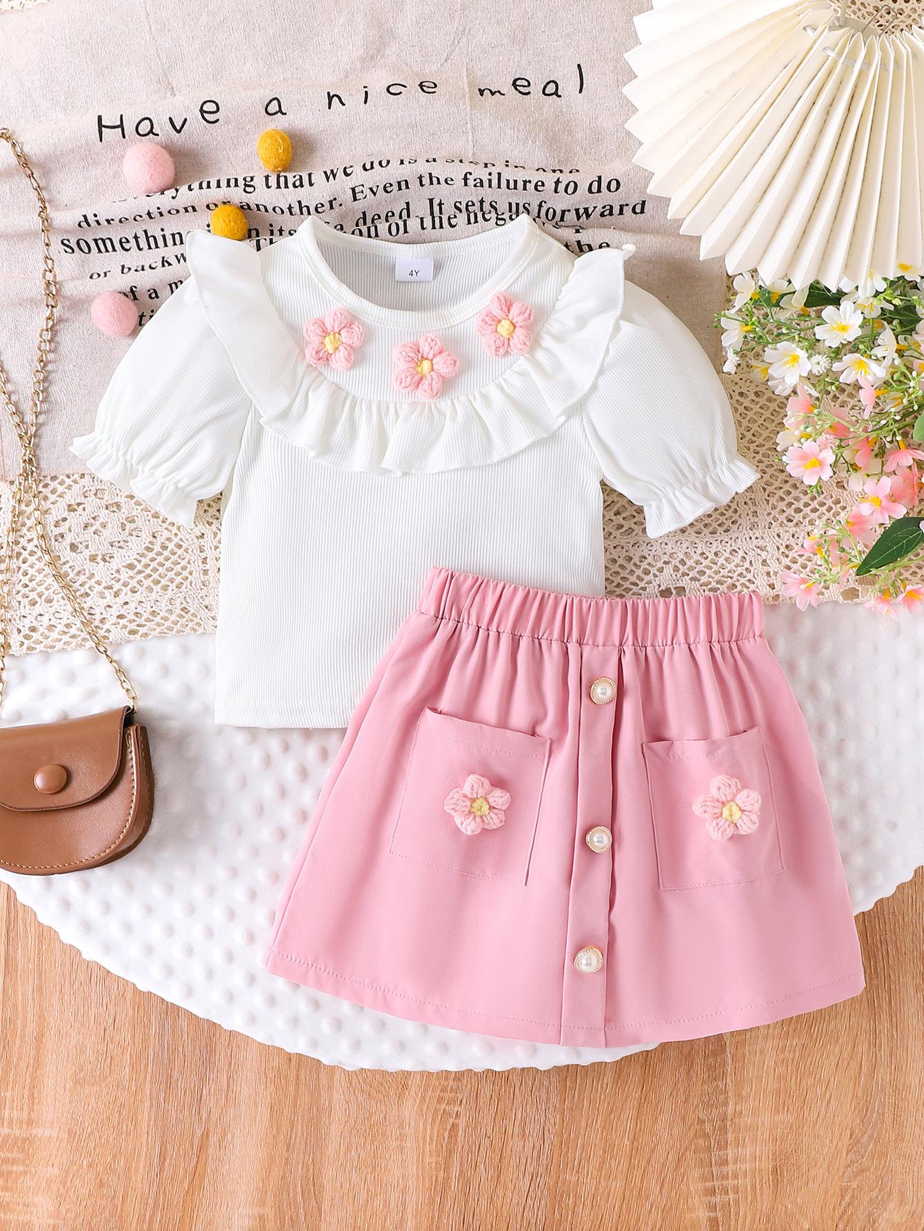 

Милый комплект для девочек 2025 года, летний детский модный комплект с цветочным декором и коротким рукавом + юбка 6Y розовый