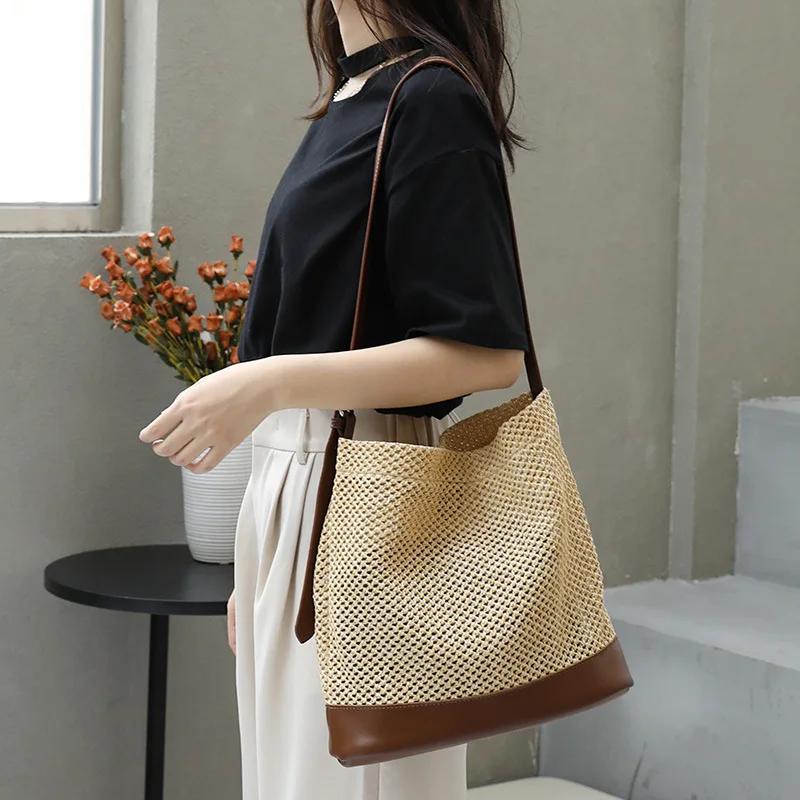 Female Vacati Beach Grass Woven Handbag Lady Leisure Splicing Independent Inner Package Shoulder Bag Women Woven Crossbody Bag