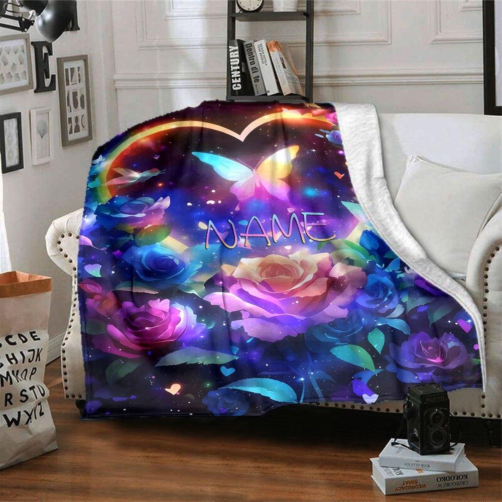 Heartshaped Floral And Butterfly Design With Vibrant Colors And The Word In The Center Multipurpose Personalized Blanket Customize Your Name Warmthful