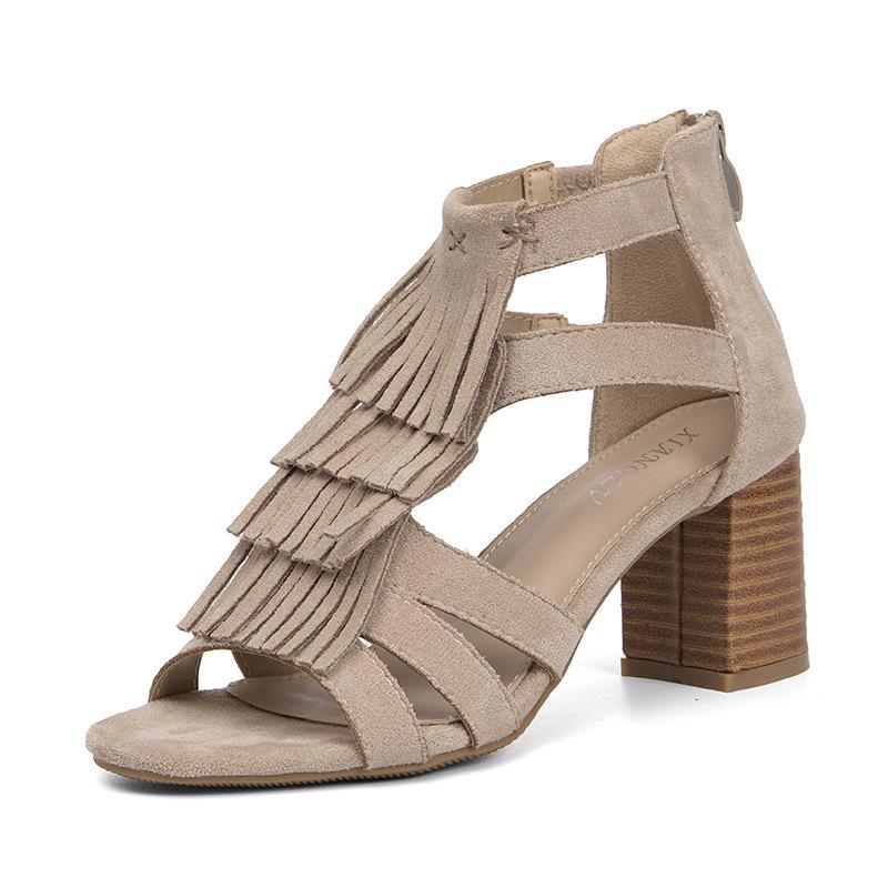 2025 Women's Chunky Heel Tassel Ankle Boots Peep Toe, Back Zipper, Roman Style Sandals