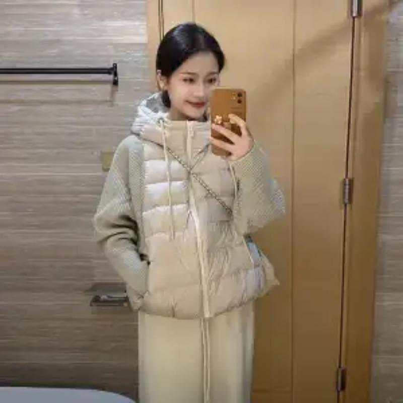 Zippered Long-sleeved Cardigan Knitted Fake Two-piece Cotton Coat Women's Hooded Fashionable Autumn and Winter Coat