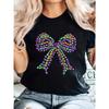 European Size Women'S Mardi Gras Pearl Bow & Bead Graphic T-Shirt - Black Short Sleeve Crew Neck Top with Colorful Bead Detail,Parties & Casual Attire