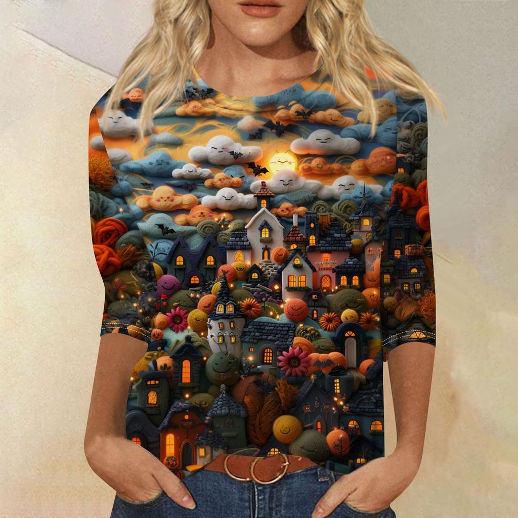 3/4 Sleeve Shirts For Women Cute 3D Halloween Printed Graphic Tees Blouses Casual Plus Size Basic Tops Pullover