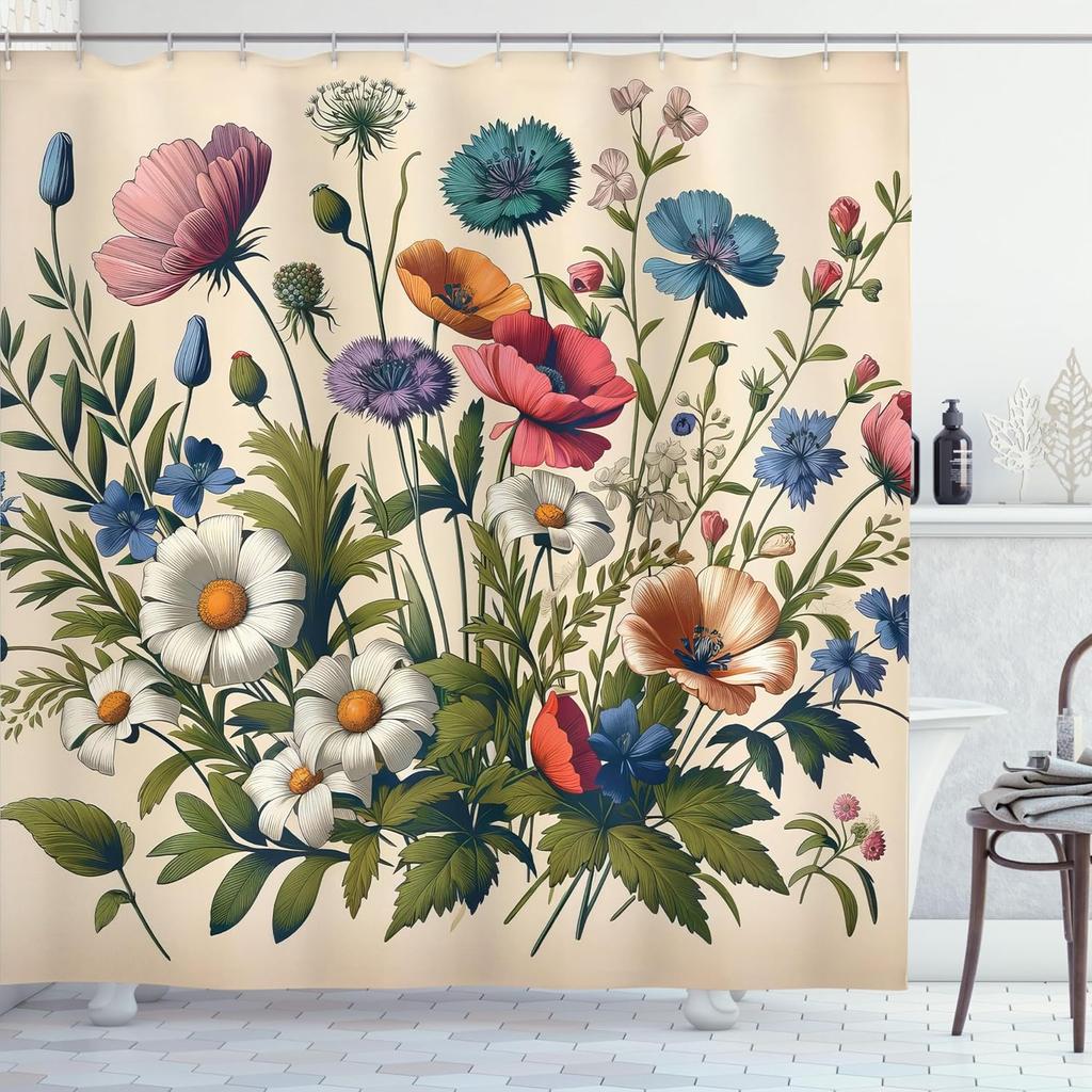 Floral Eucalyptus Shower Curtain, Colorful Blossomy Meadow Wild Flowers Botanical Themed, Cloth Fabric Bathroom Decor