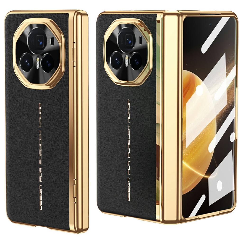 Für Honor Magic V3 5G Hülle PU-Leder+PC Galvanisiertes Handyhülle mit gehärtetem Glas Displayschutzfolie