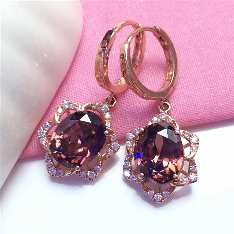 585 Purple Gold Plated 14K Rose Gold Inlaid Light Amethyst Flower Earrings for Women Classic Luxury Engagement Wedding Jewelry