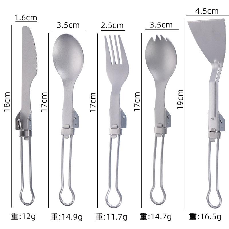Pure Titanium Camping Utensils Ultralight Hiking Cutlery Set Foldable Titanium Spork Spoon Lightweight Outdoor Eating Kit 5 pcs
