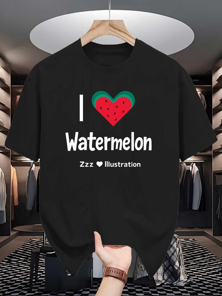Unisex Soft Cotton Tee I Love Watermelon Heart Fruit Print Loose Breathable Summer Crew Neck Casual Street T Shirt Unisex Daily Wear
