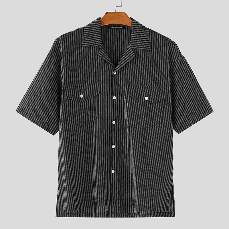 

INCERUN Oversized Men Turn Down Collar Striped Print Buttons Up Casual Summer Shirts L чёрный