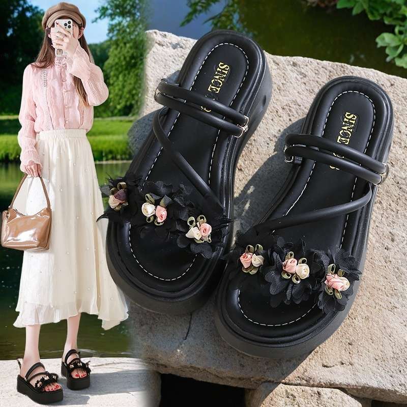 Platform sandals 2025 summer new fairy outer wear flower fashion with skirt two wear beach Roman cool slippers