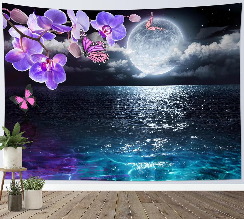Moon Over Ocean Tapestry Full Moon Night Sky with Cherry Blossom Tree Wall Tapestry for Bedroom Cloud Pink Floral Wall Hanging