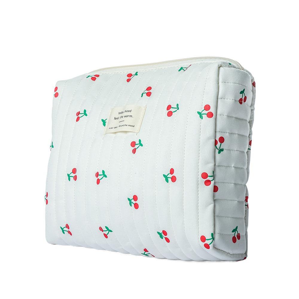 Retro Cherry Print Makeup Bag Cute Large Capacity Toiletry Bag Multifunctional Quilted Cotton Pencil Case Makeup Storage