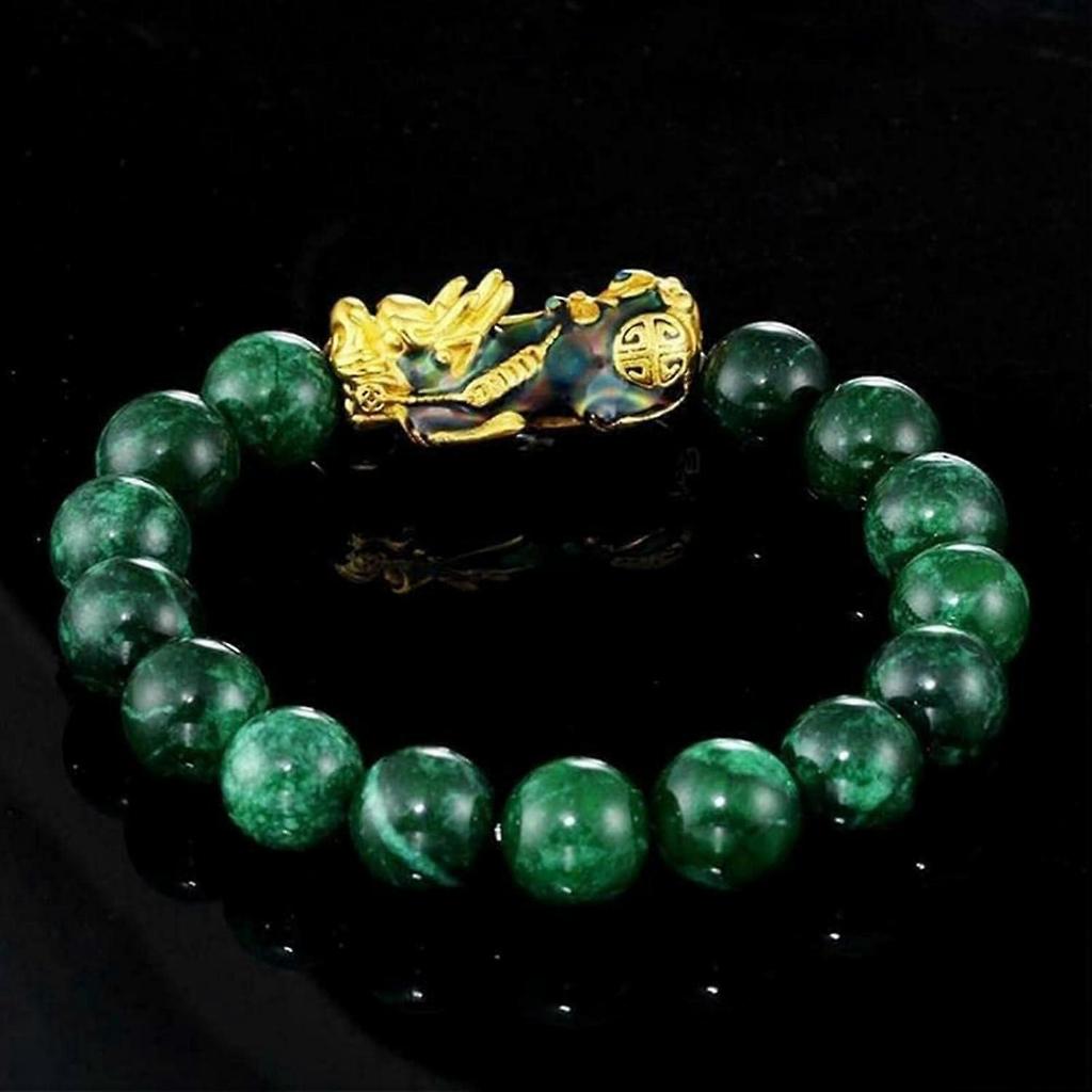 Feng Shui Bracelet, Green Jade Stone Beads Bracelet Unisex Feng Shui Pi Xiu Wristband Gold Wealth Pixiu Women Men Bracelets-Black Green