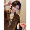 Korean Retro Coffee-Toned Two-Piece Effect Patchwork Shirt - Women's Spring 2026 Long Sleeve Top