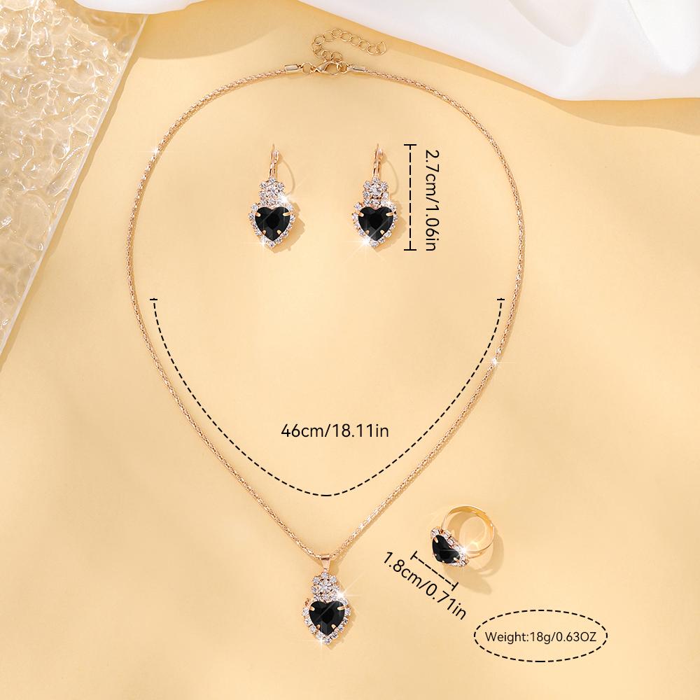 4-częściowy zestaw cyrkonii w kształcie serca z naszyjnikiem z zawieszką, kolczykami na haczykach i pierścionkiem. Modne, wszechstronne, słodkie akcesoria.