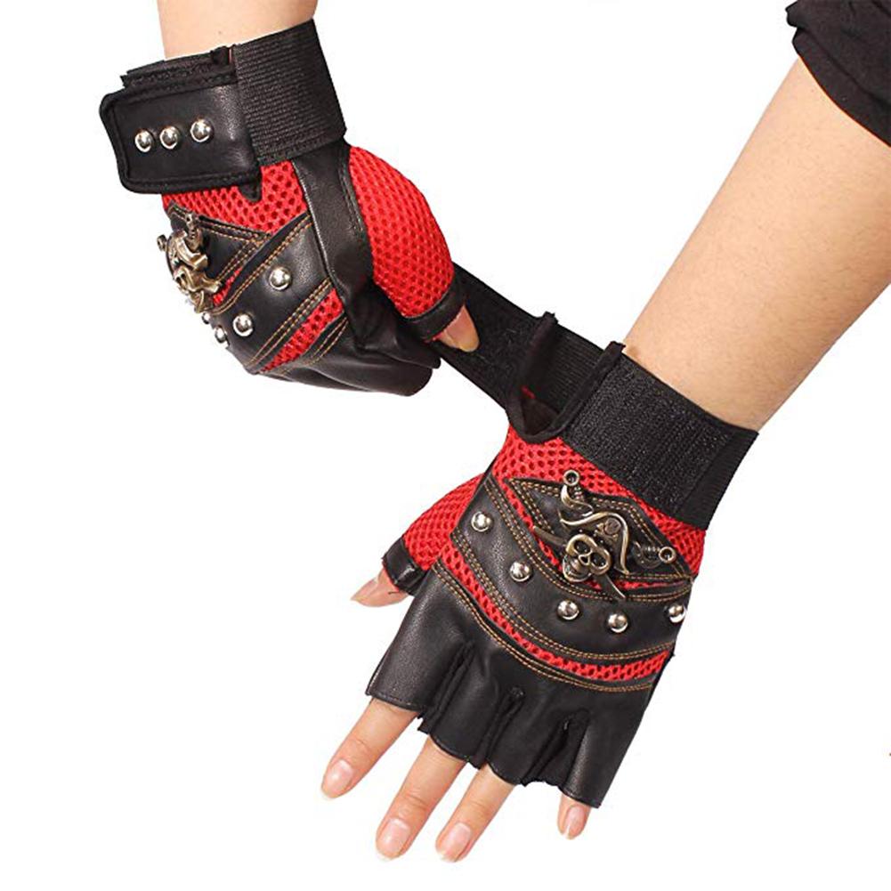 1 Paio Guanti Pirata Scheletro in Ecopelle Borchie Guanti Punk Mezza Dita Guanti da Uomo per Moto