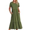 Abito estivo da donna maniche corte girocollo orlo ampio plissettato linea ad A tasche lunghezza a metà polpaccio abbigliamento femminile vestito estivo svolazzante