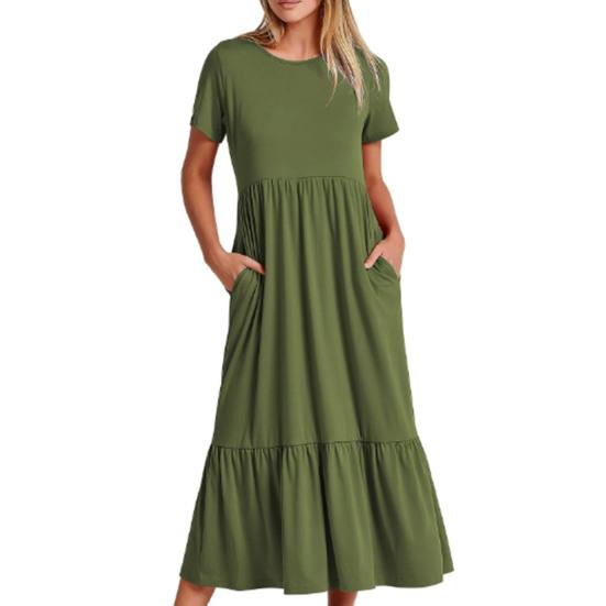Abito estivo da donna maniche corte girocollo orlo ampio plissettato linea ad A tasche lunghezza a metà polpaccio abbigliamento femminile vestito estivo svolazzante