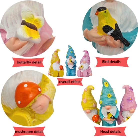 3Pcs/Set Outdoor Garden Gnome Statue Sitting Standing Butterfly Bird Mushroom Faceless Dwarf Resin Figurine Sculpture Decoration Ornament