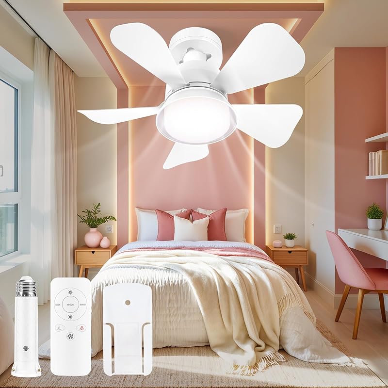 Sockel-Ventilatorleuchte, 5-stufig dimmbarer LED-Sockel-Brise-Deckenventilator, Flache Sockel-Deckenventilatorleuchte mit Fernbedienung, Einfach zu installierende Deckenventilatoren