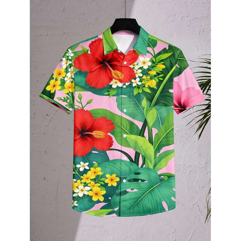 Women's Casual Short-Sleeve Button-Up Shirt Hibiscus Flower Pattern Green Leaves Foundation Shade Machine Washable Fashion Top