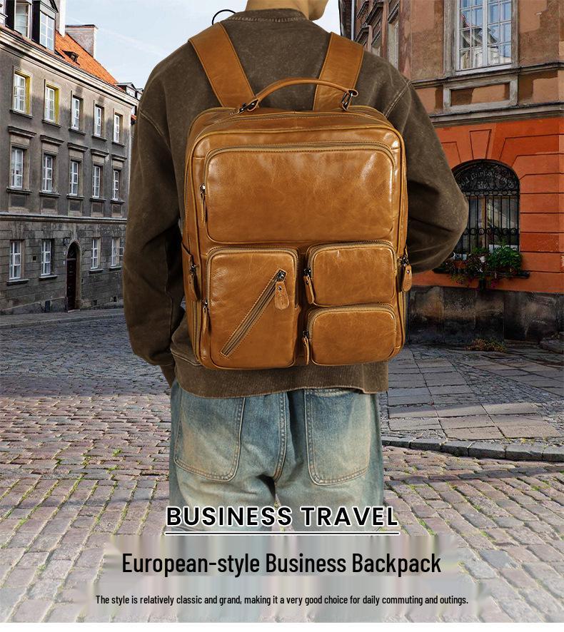 Men's Genuine Leather Multi-Pocket Travel Backpack: Large Capacity, Versatile, and Ideal for Casual Outdoor Adventures.