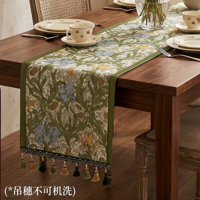 Elegant Chenille Jacquard Table Runner With Tassel Trim Floral Botanical Washable Wrinkle Resistant Dining