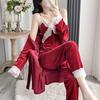 Pajamas Women's Autumn and Winter Advanced Sense with Chest Pad Three-piece Set, Spring and Autumn Golden Velvet Sexy Lace Suspender Nightgown Set