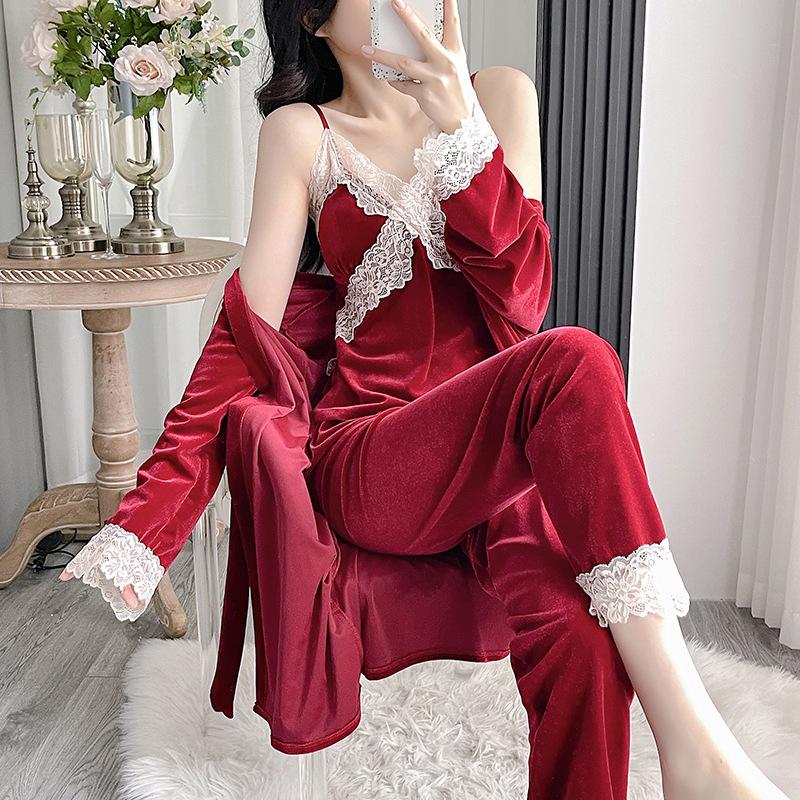 Golden Velvet Pajamas Women's Autumn and Winter Senior Sense with Chest Pads Three-piece Set, Spring and Autumn Sexy Lace Suspender Nightgown Set