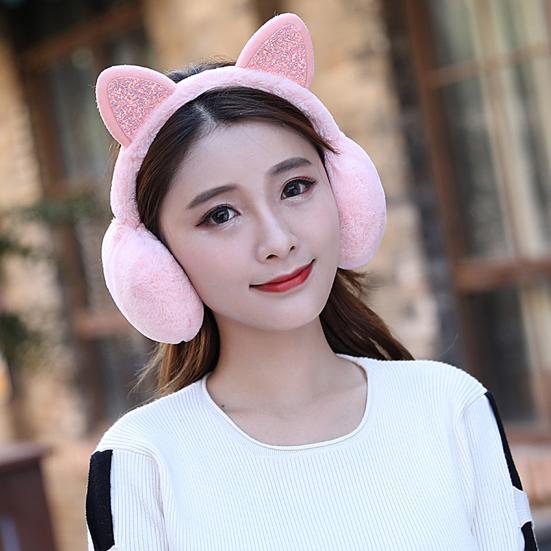 Women Lovely Winter Cats Ear Warmer Shiny Glitter Earmuff Cold Protection Warmer