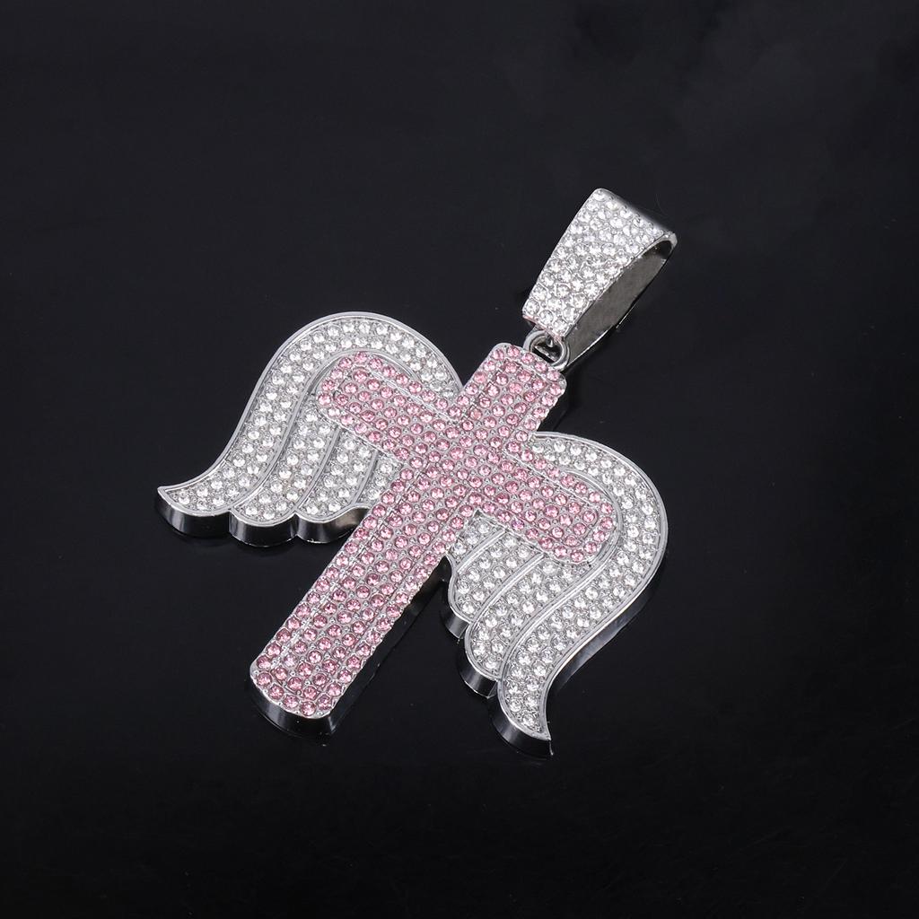 Alloy Necklace Men Trend Cross Angel Wings Pendant, Stylish Full Rhinestone Cool Hip Hop Jewelry