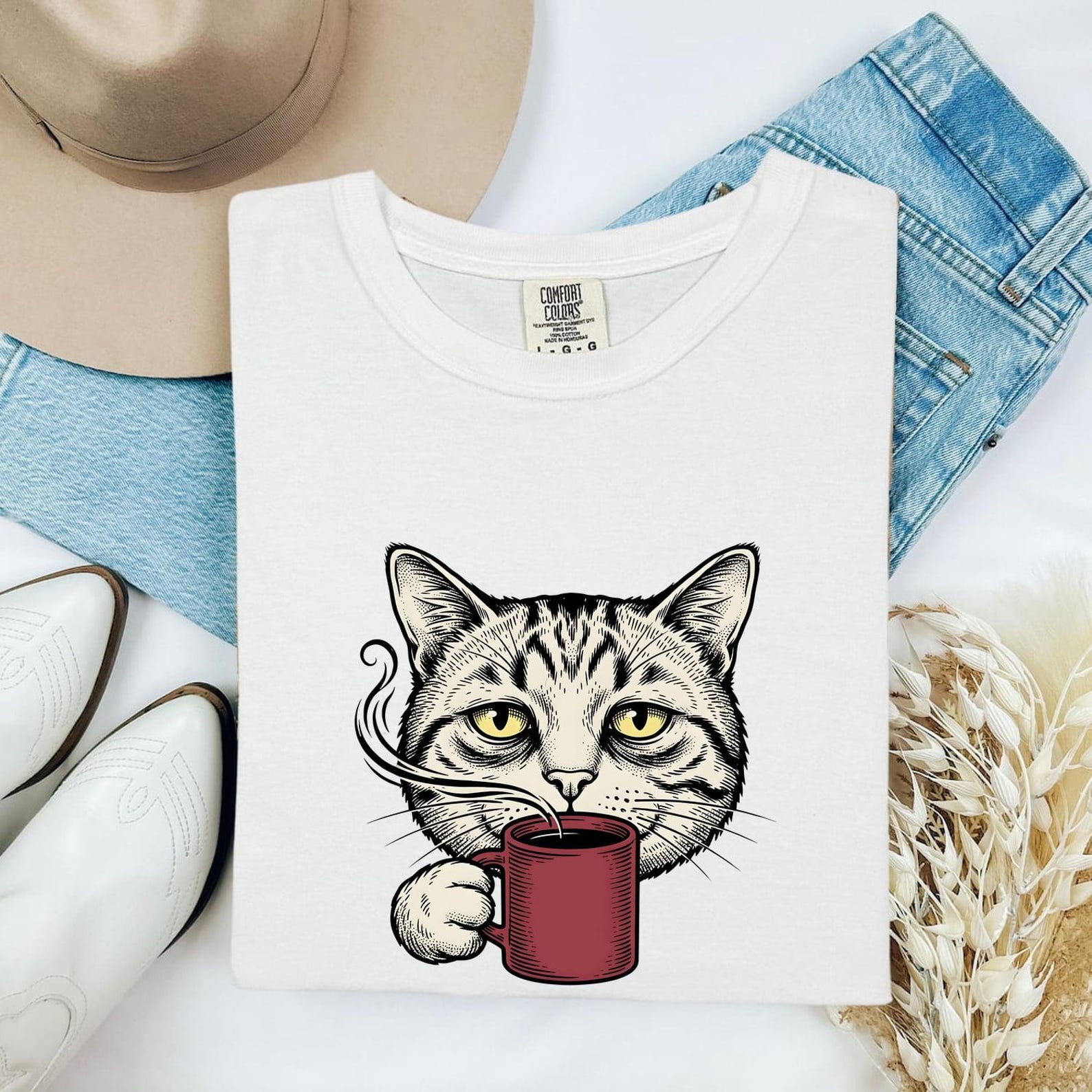 Cat Coffee Mug Shirt Cat Coffee Gift Women Vintage Tee Mug T-Shirt Cat Fan Retro Tshirt Caffeinated Graphic Hand Drawn Steam Tshirt L