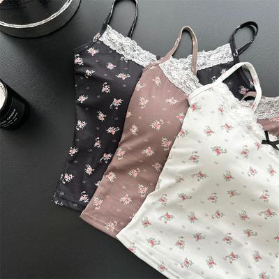 Floral Lace Bow Pure Desire Suspender Vest Women's Clothing with Chest Pads Summer New Slim Short Top