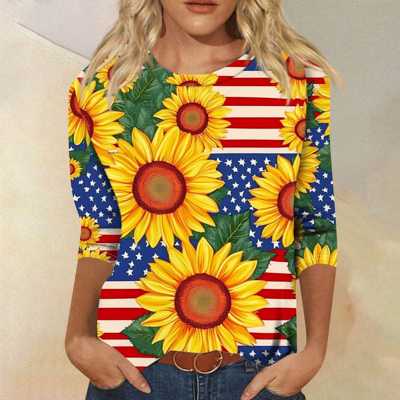 Women s Fashion Casual Seven Sleeve Independence Day Printed Round Neck Top L