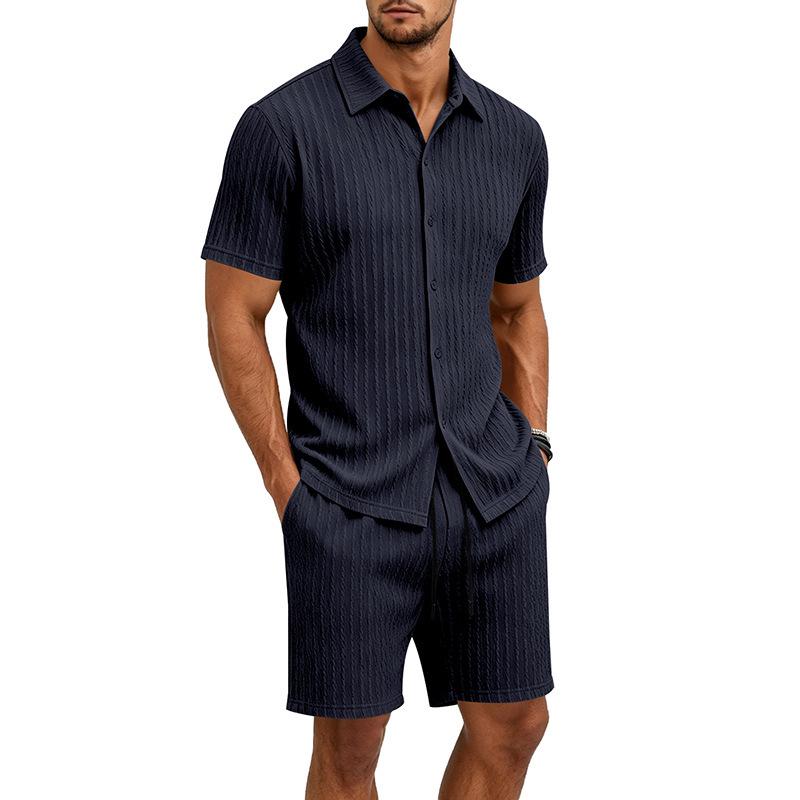 European Summer Men's Jacquard Casual Lapel Short Sleeve Shirt and Shorts Set