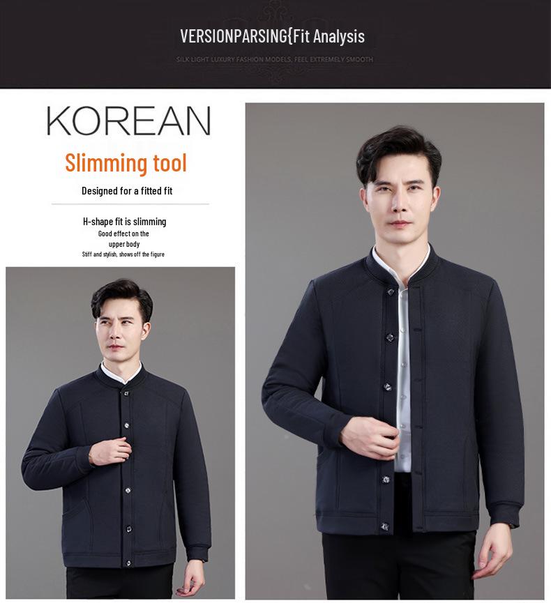 Men's Thickened Fleece-Lined Cotton Jacket, Windproof and Warm, Winter Dad's Wear, Solid Color