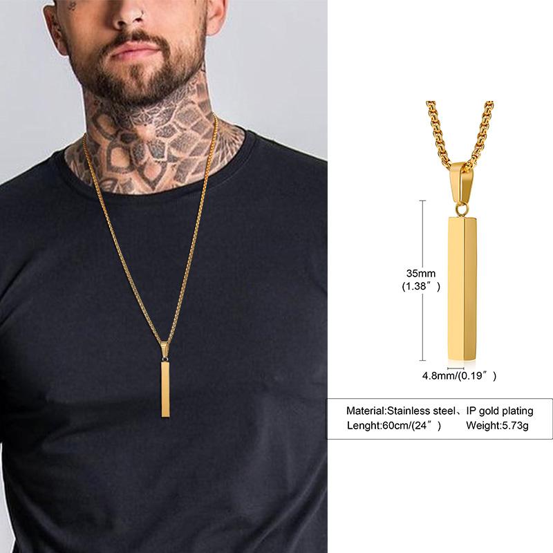Men Custom Engraving Names Rectangle Bar Necklace, 3D Square Geometric Stainless Steel Pendant Collar Gift Jewelry