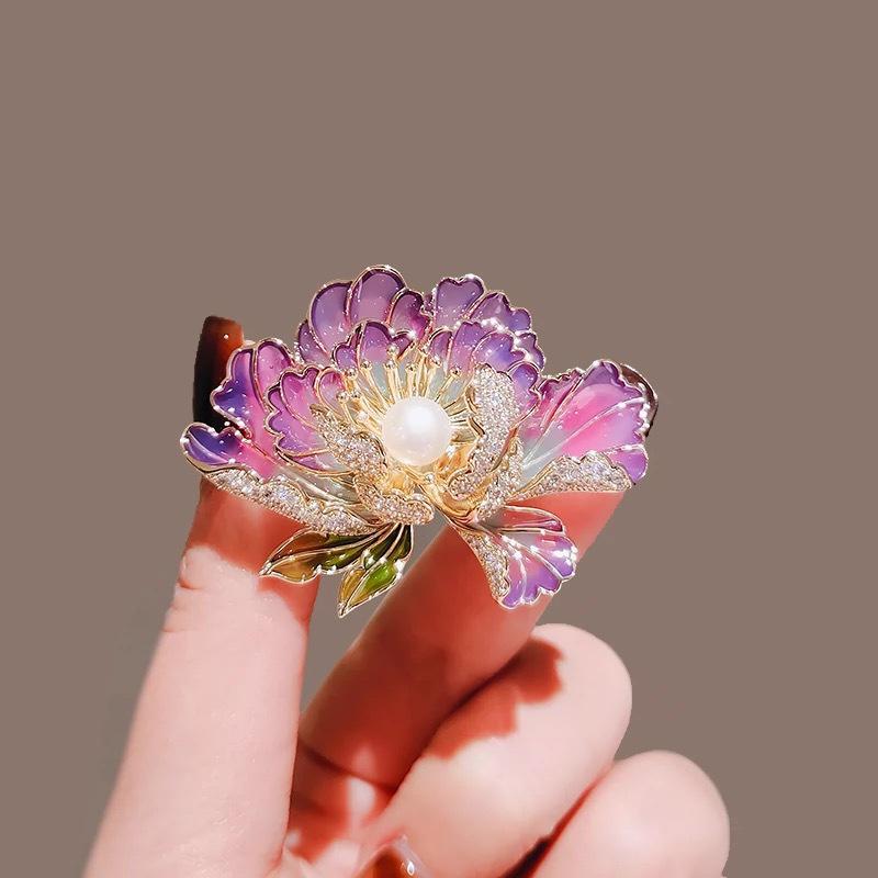 Korean Style Pearl Enamel Peony Brooch - Women's High-End DIY Corsage Pin